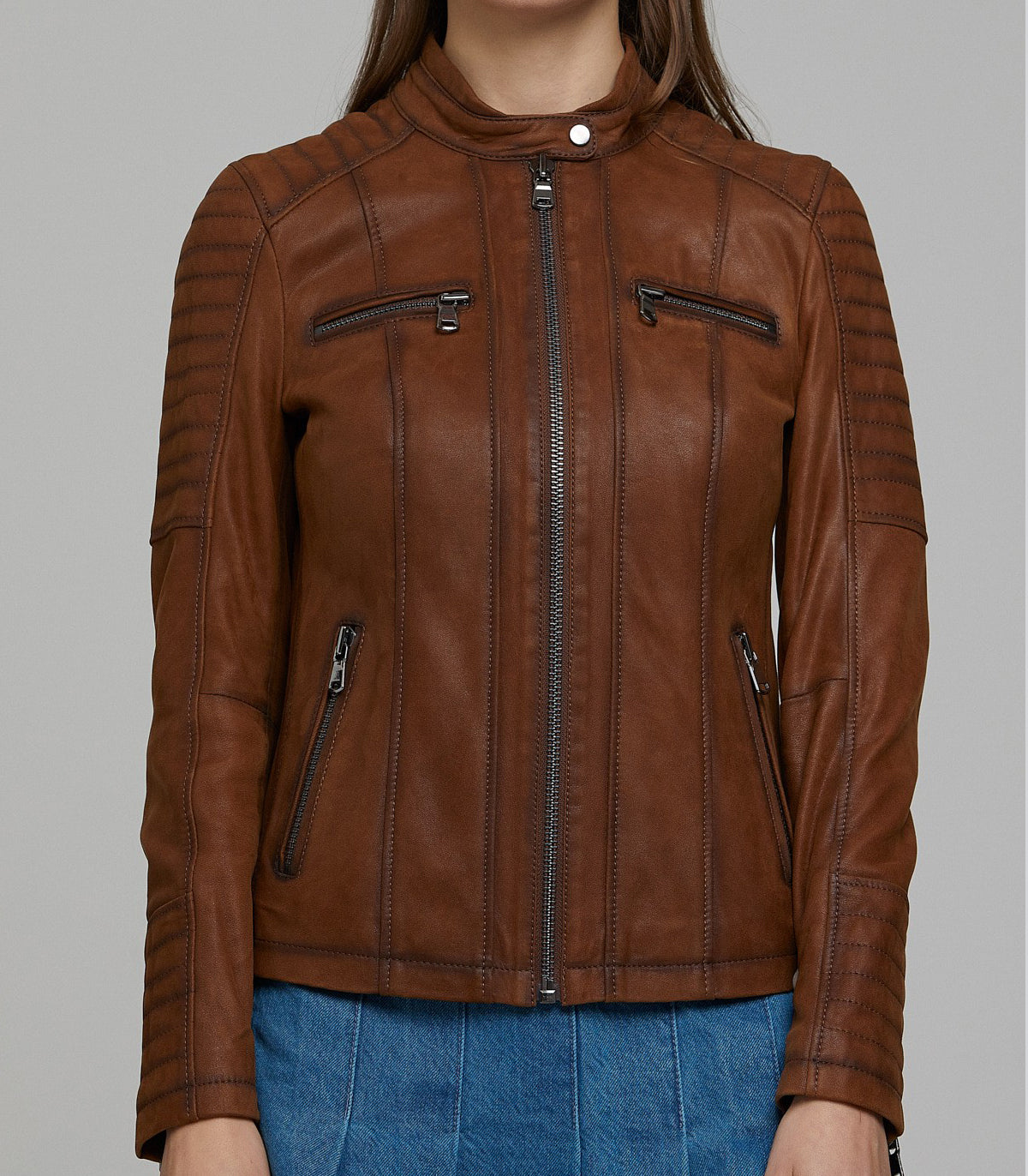 Brown Gala Distressed Leather Jacket For Women