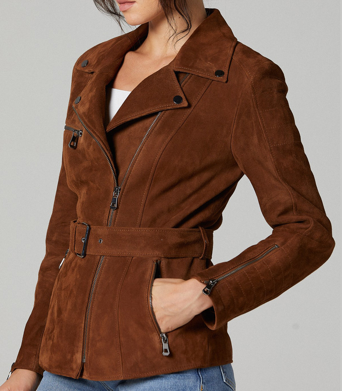 Brown Suede Mayfair Leather Jacket For Women