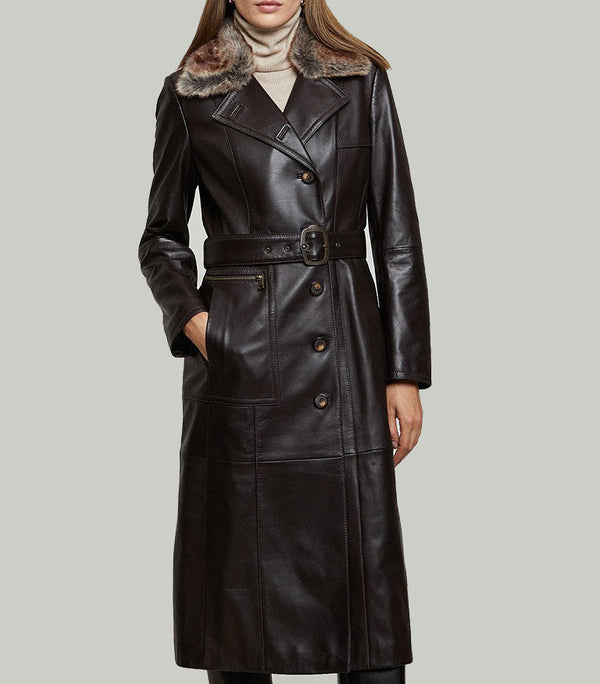 Brown Modena Long Leather Coat With Fur Collar For Women