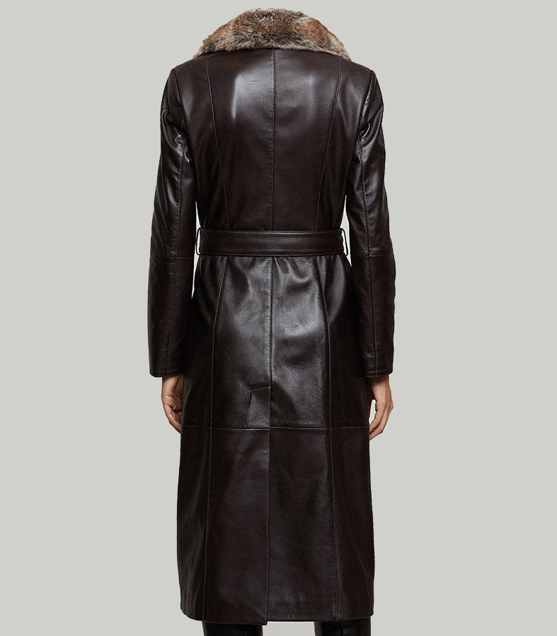 Brown Modena Long Leather Coat With Fur Collar For Women