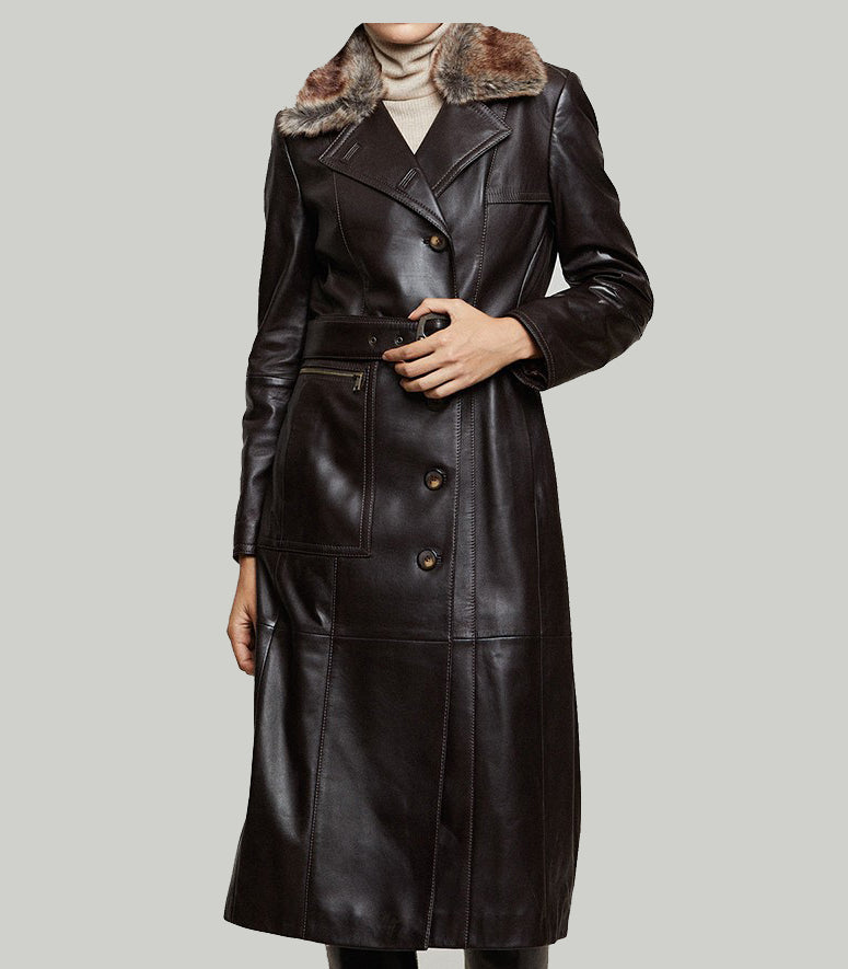 Brown Modena Long Leather Coat With Fur Collar For Women