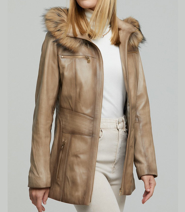 Rachel Brown Fur Hood Leather Jacket For Women
