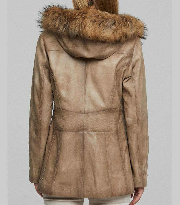 Rachel Brown Fur Hood Leather Jacket For Women