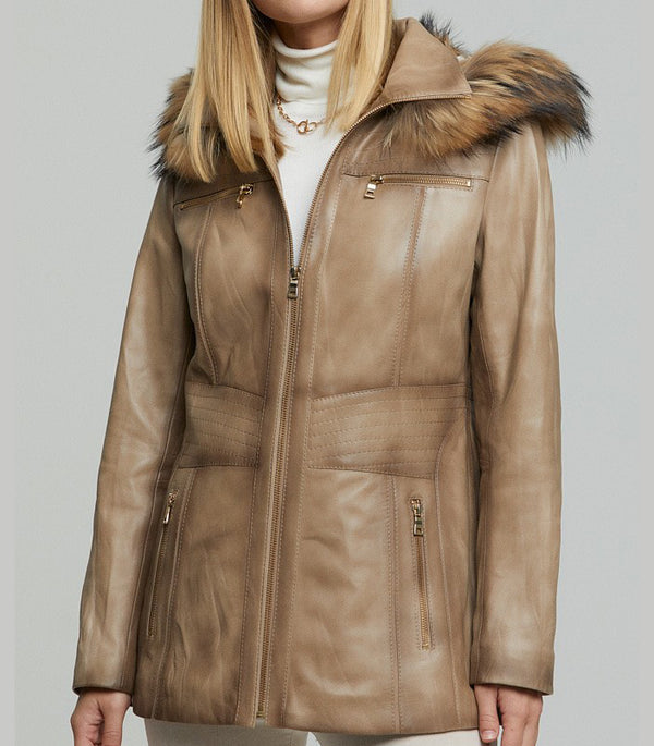 Rachel Brown Fur Hood Leather Jacket For Women