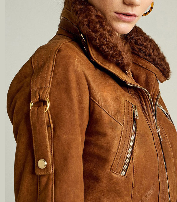 Shakira Brown Suede Fur Collar Women Leather Jacket