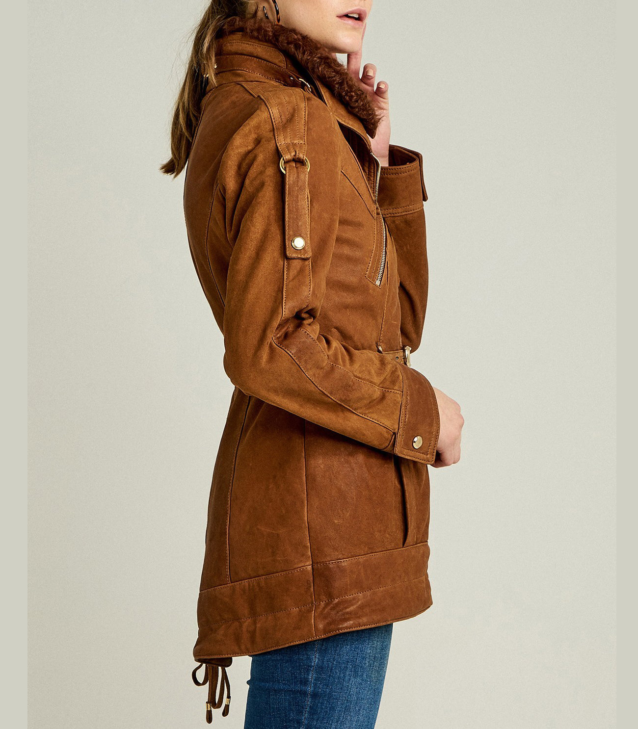 Shakira Brown Suede Fur Collar Women Leather Jacket