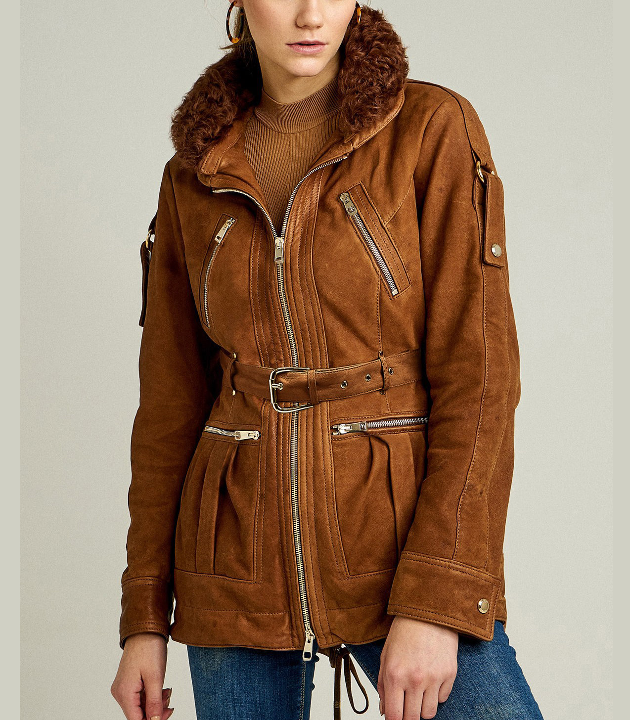 Shakira Brown Suede Fur Collar Women Leather Jacket