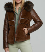 Brown Wendy Fur Hood And Front Fur Leather Jacket For Women