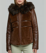 Brown Wendy Fur Hood And Front Fur Leather Jacket For Women
