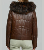 Brown Wendy Fur Hood And Front Fur Leather Jacket For Women