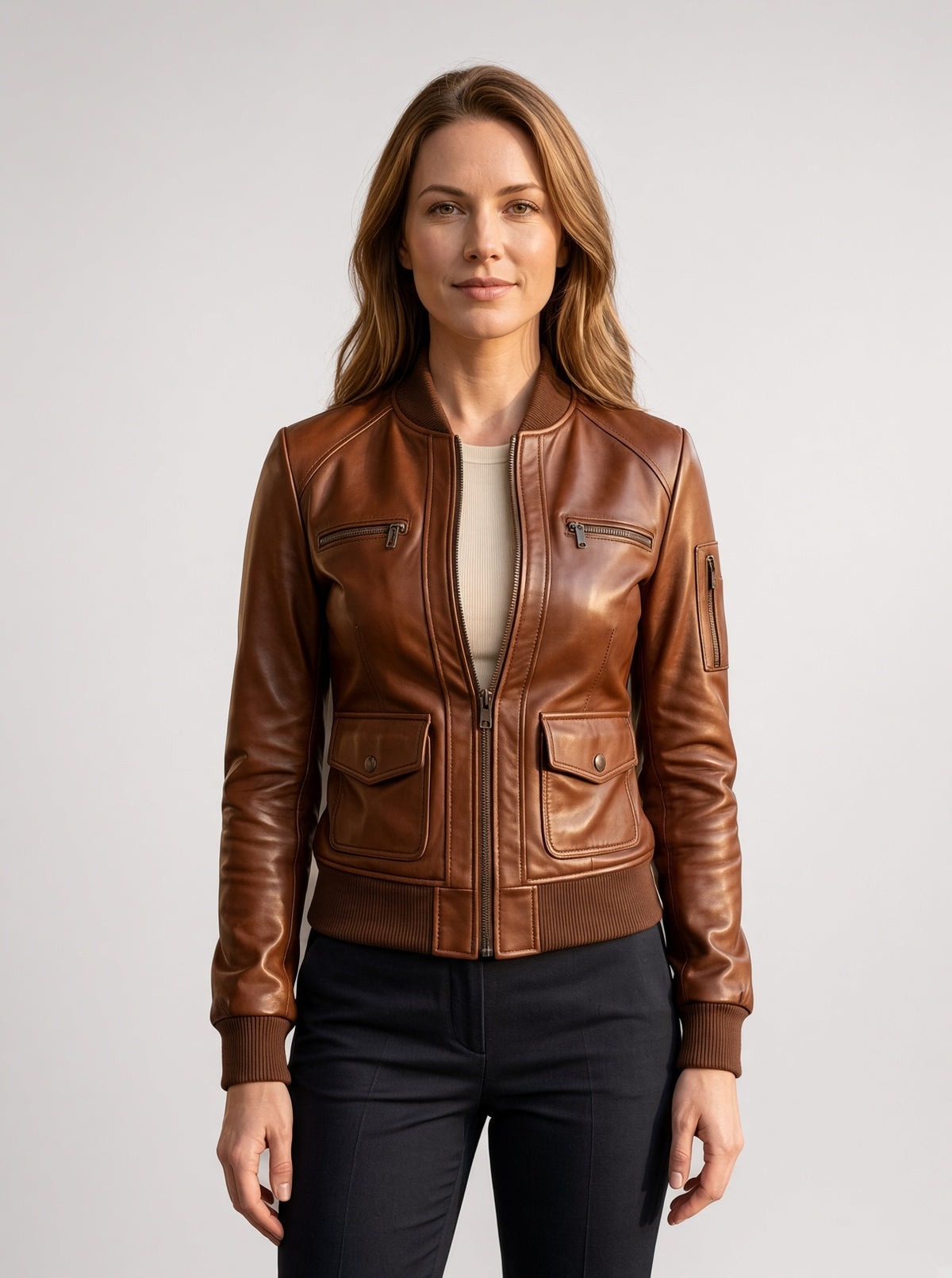 Brown Bomber Leather Jacket For Women