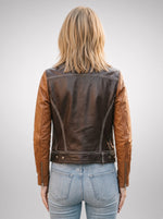 Brown & Dark Brown Biker Racer Leather Jacket For Women