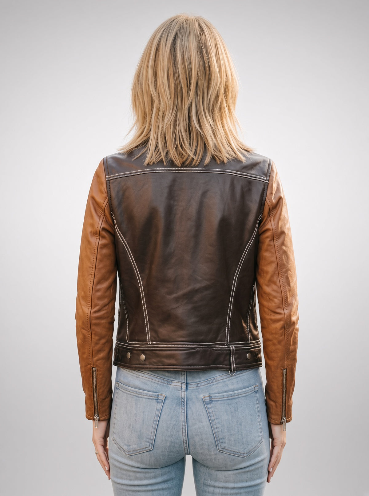 Brown & Dark Brown Biker Racer Leather Jacket For Women