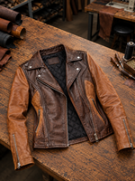 Brown & Dark Brown Biker Racer Leather Jacket For Women