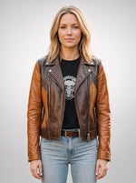Brown & Dark Brown Biker Racer Leather Jacket For Women