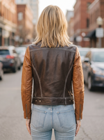 Brown & Dark Brown Biker Racer Leather Jacket For Women