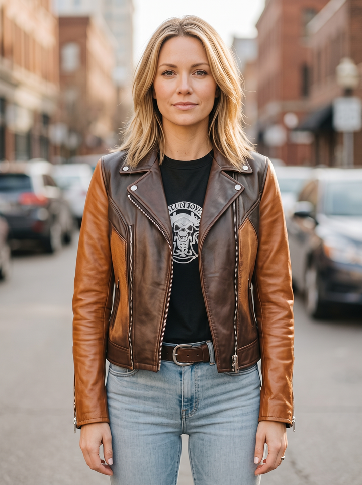 Brown & Dark Brown Biker Racer Leather Jacket For Women