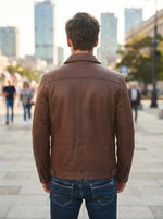 Brown Distressed High Collar Leather Jacket For Men