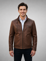 Brown Distressed High Collar Leather Jacket For Men
