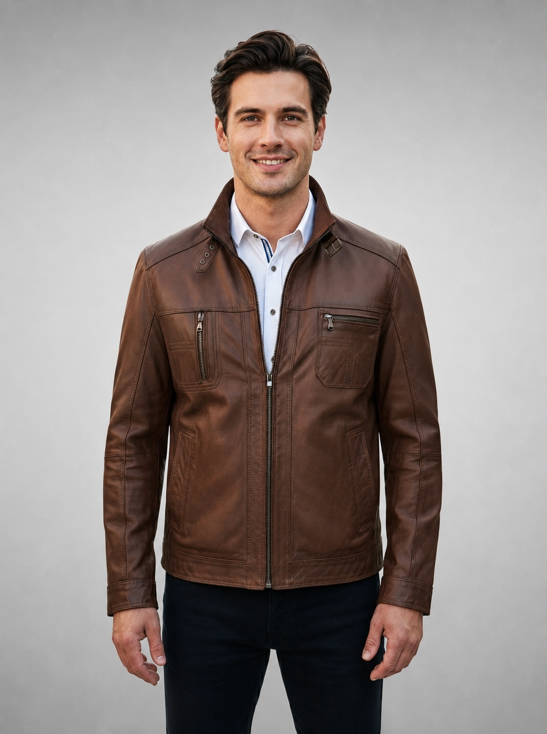 Brown Distressed High Collar Leather Jacket For Men