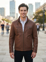 Brown Distressed High Collar Leather Jacket For Men