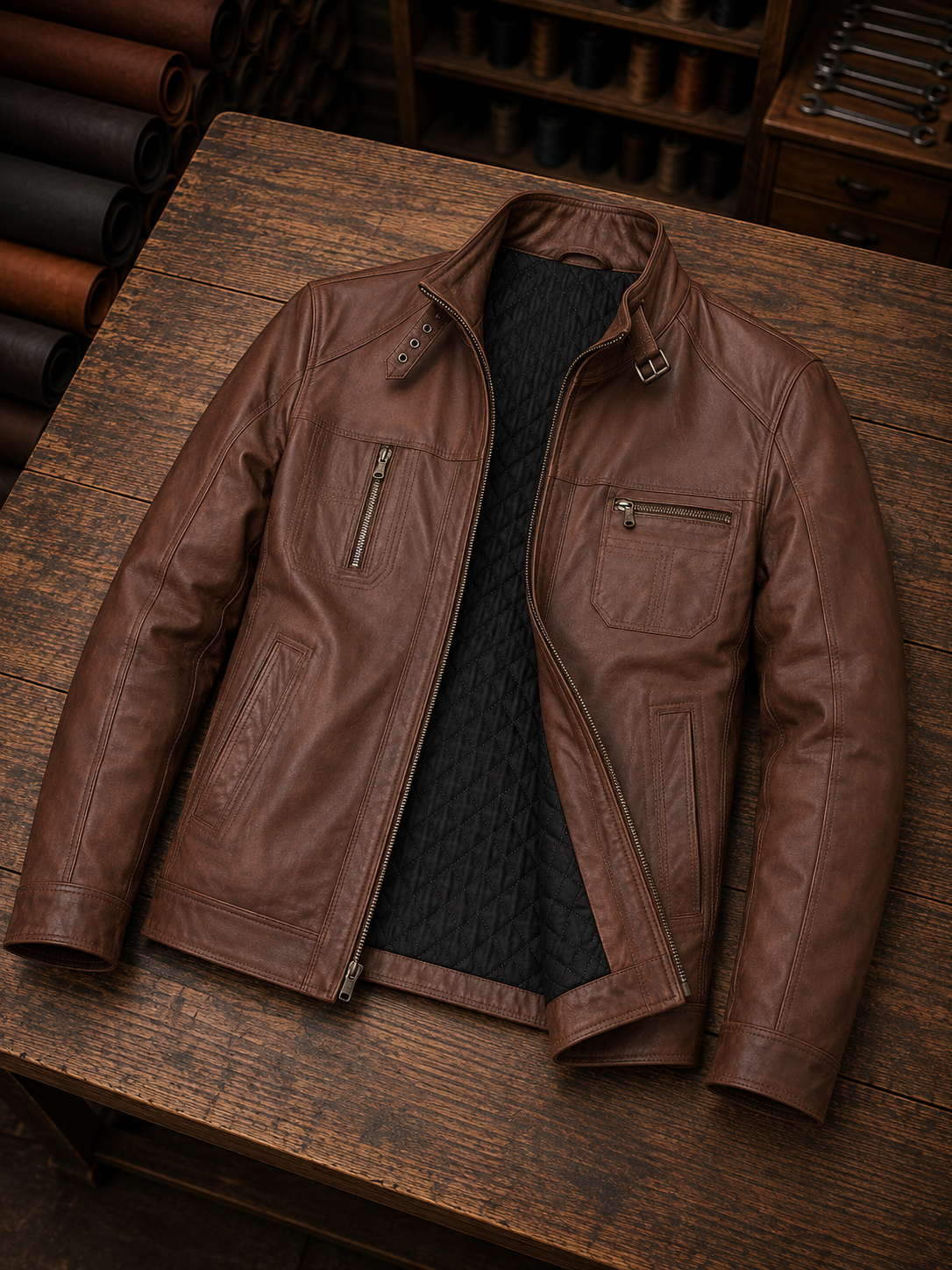 Brown Distressed High Collar Leather Jacket For Men