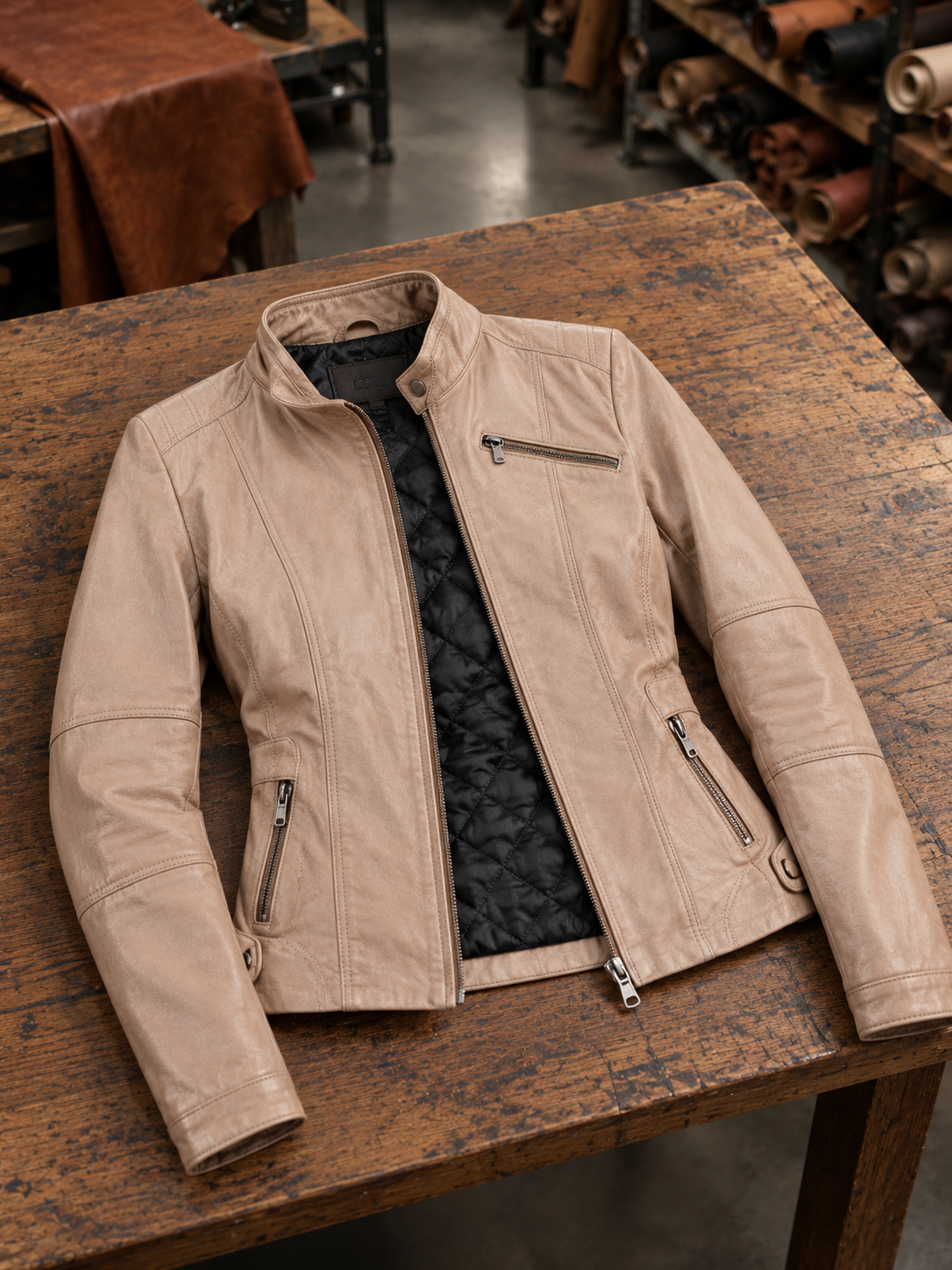 Brown Donna Women Slim Fit Leather Jacket