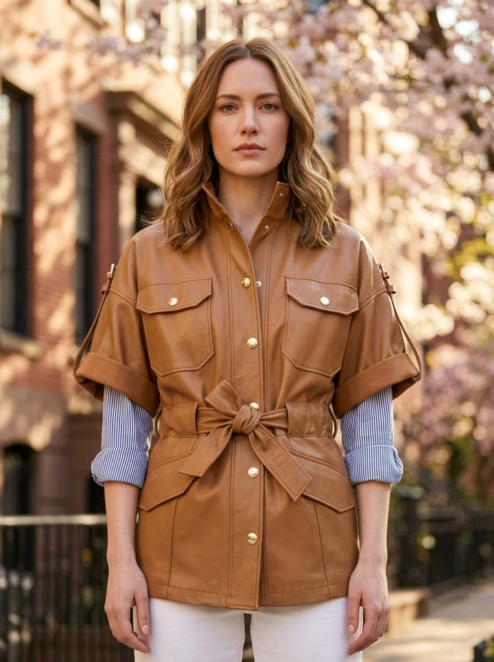 Brown Goldy Leather Jacket For Women's