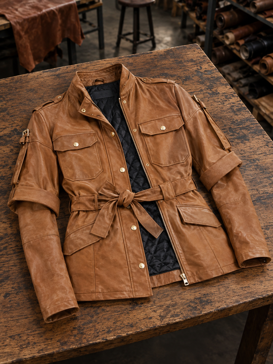 Brown Goldy Leather Jacket For Women's