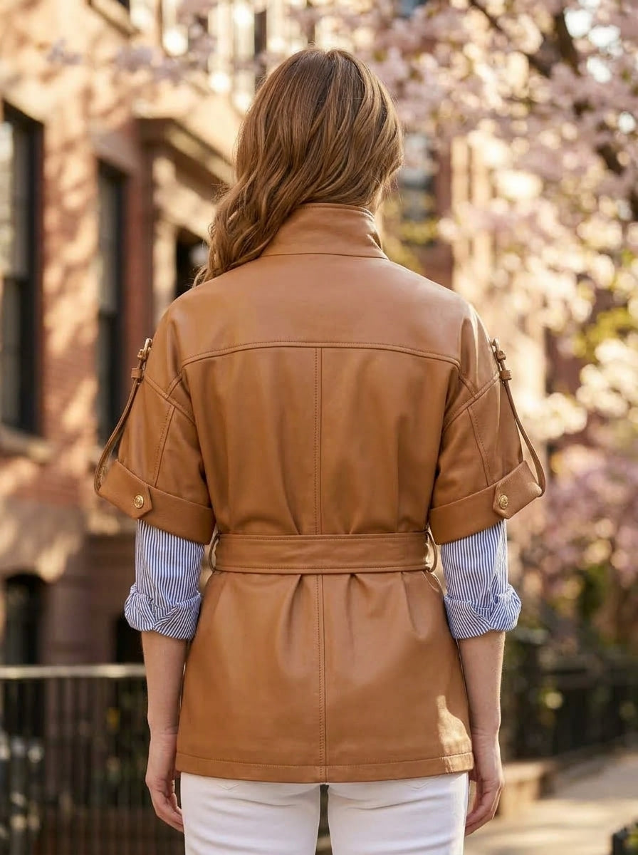 Brown Goldy Leather Jacket For Women's