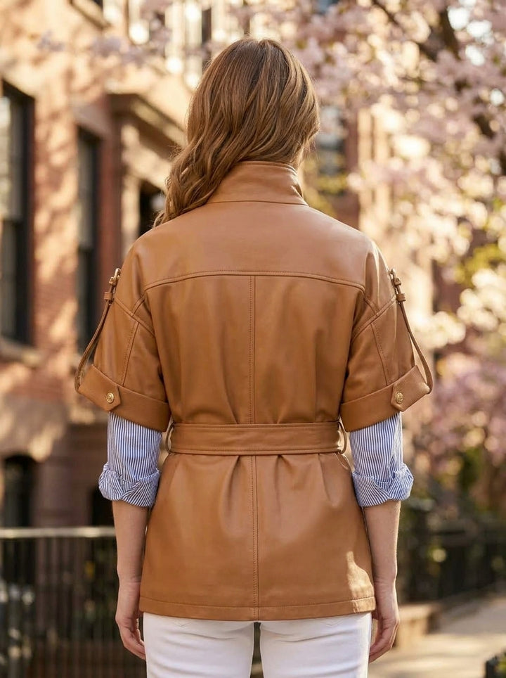 Brown Goldy Leather Jacket For Women's