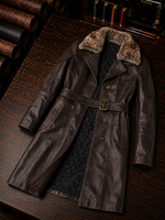 Brown Modena Long Leather Coat With Fur Collar For Women