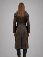 Brown Modena Long Leather Coat With Fur Collar For Women
