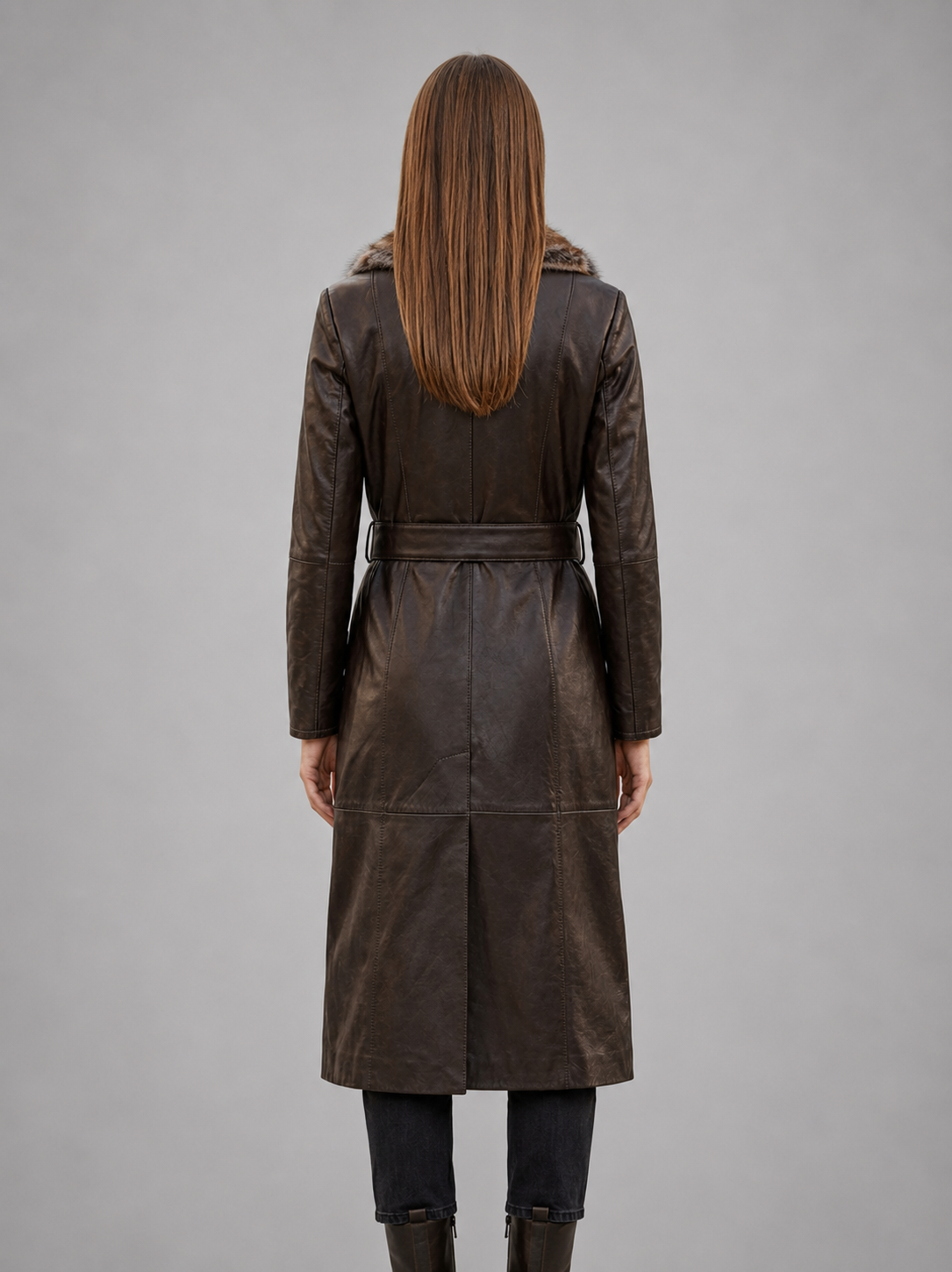 Brown Modena Long Leather Coat With Fur Collar For Women