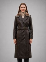 Brown Modena Long Leather Coat With Fur Collar For Women