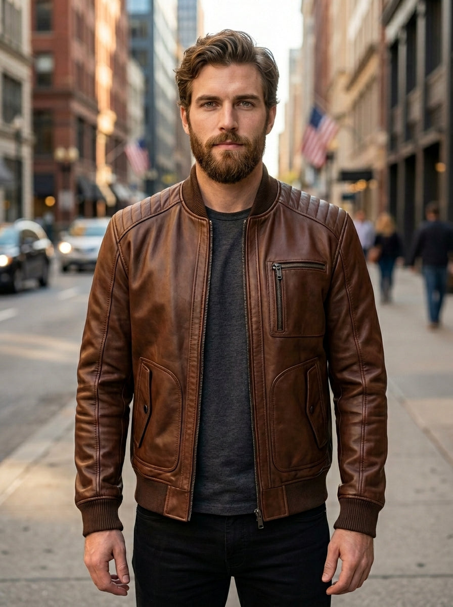 Brown Quilted Bomber Leather Jacket For Men