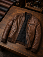 Brown Quilted Bomber Leather Jacket For Men