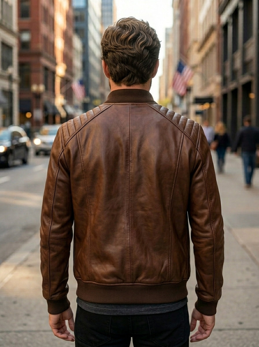 Brown Quilted Bomber Leather Jacket For Men