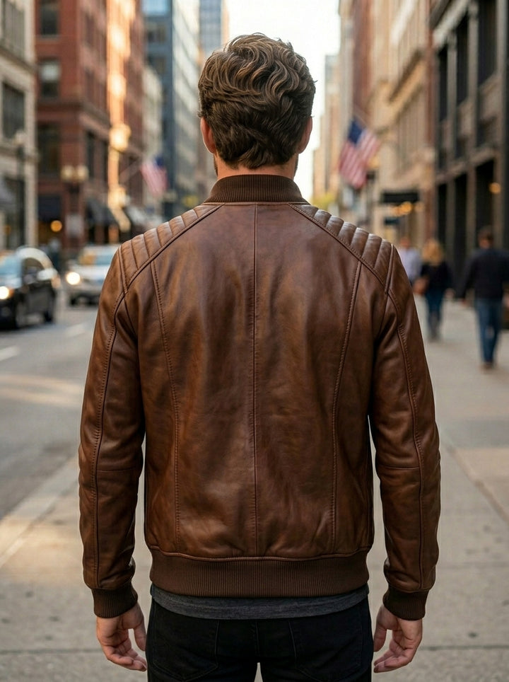Brown Quilted Bomber Leather Jacket For Men