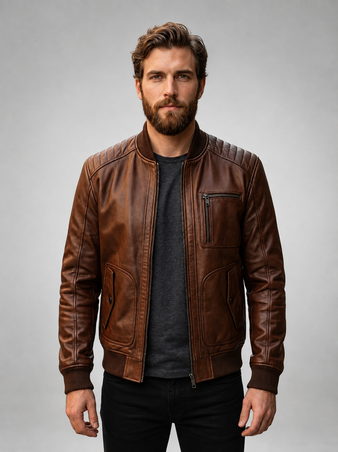 Brown Quilted Bomber Leather Jacket For Men