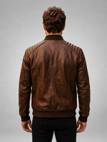 Brown Quilted Bomber Leather Jacket For Men