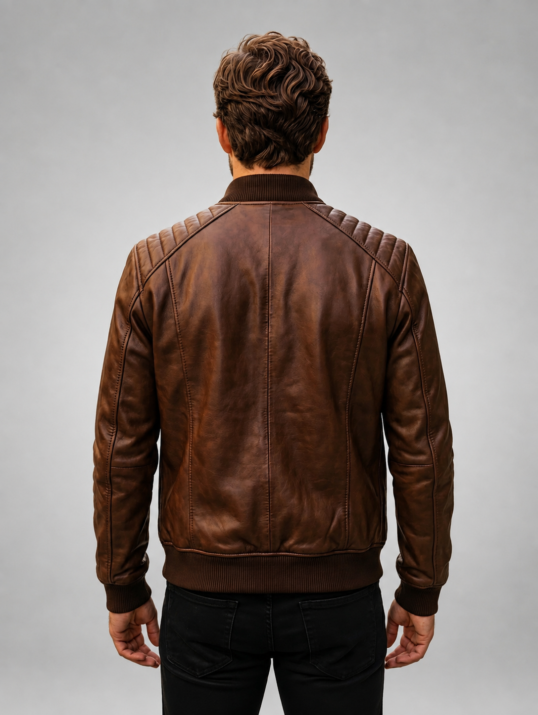 Brown Quilted Bomber Leather Jacket For Men