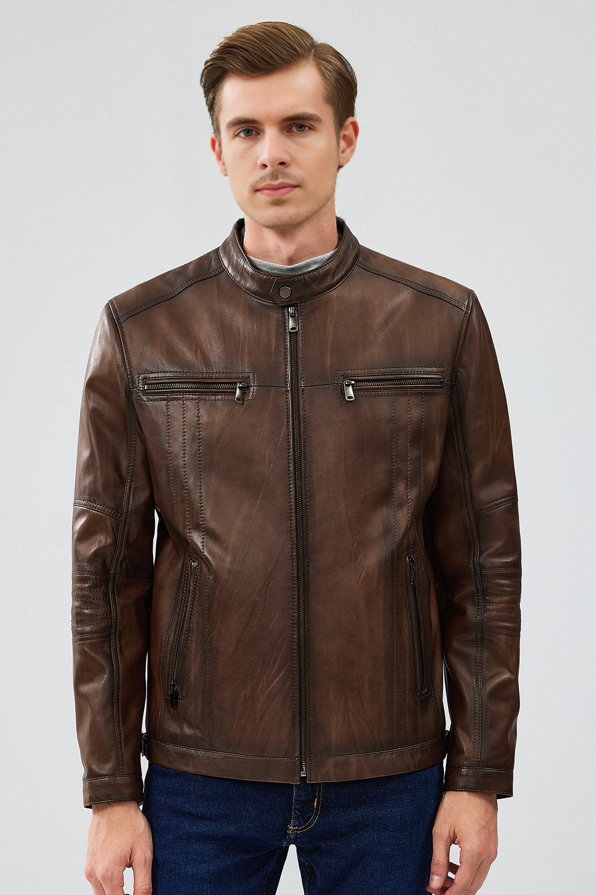 Brown Regular Men's Leather Sport Jacket