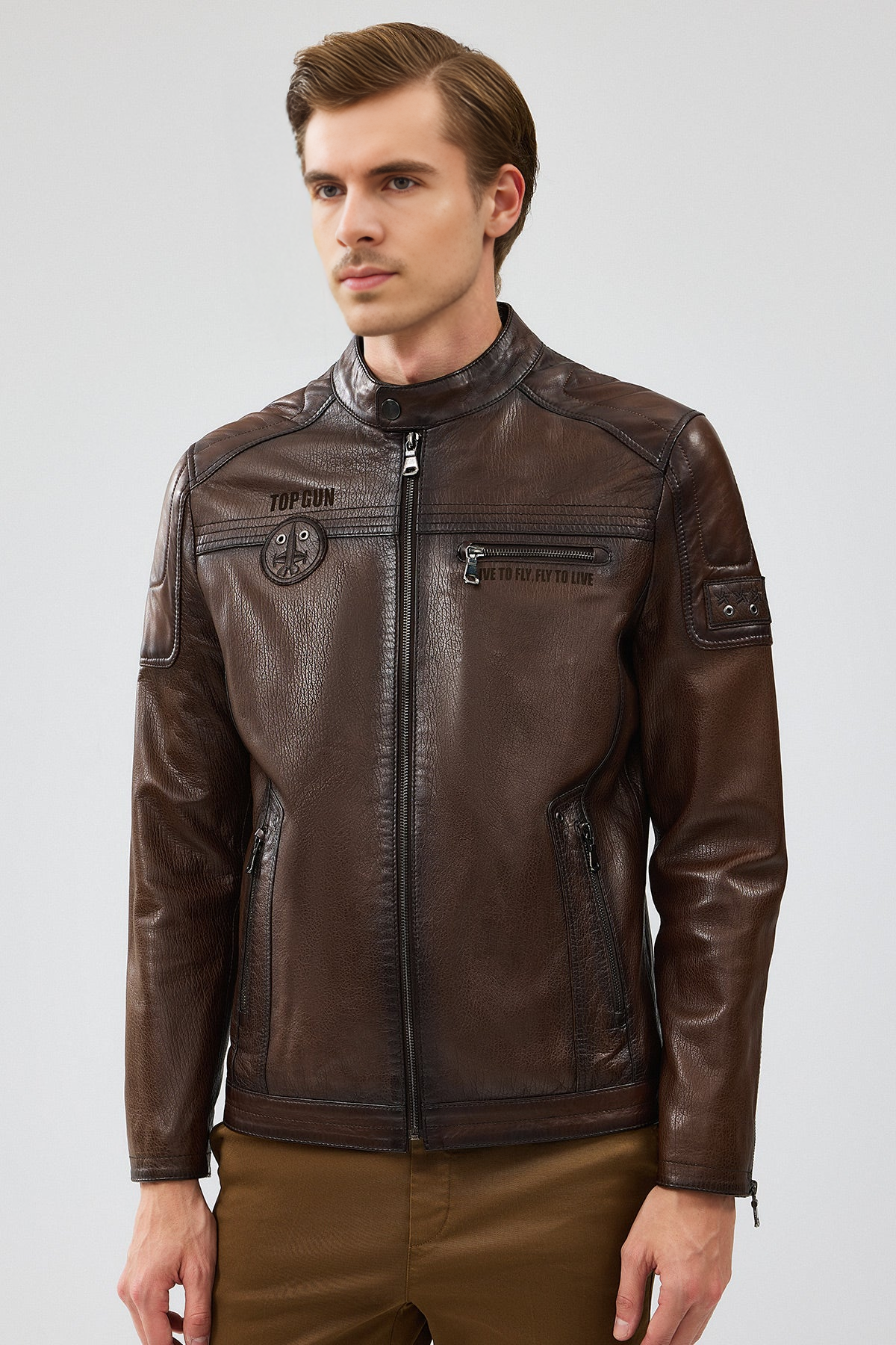 Brown Slim-Fit Men's Leather Jacket