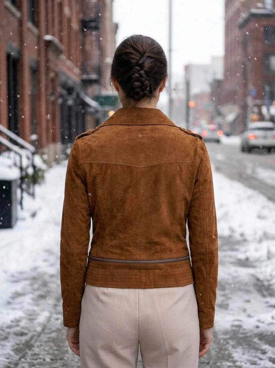 Brown Suede Biker Leather Jacket For Women