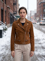 Brown Suede Biker Leather Jacket For Women