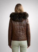Brown Wendy Fur Hood And Front Fur Leather Jacket For Women