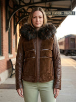 Brown Wendy Fur Hood And Front Fur Leather Jacket For Women