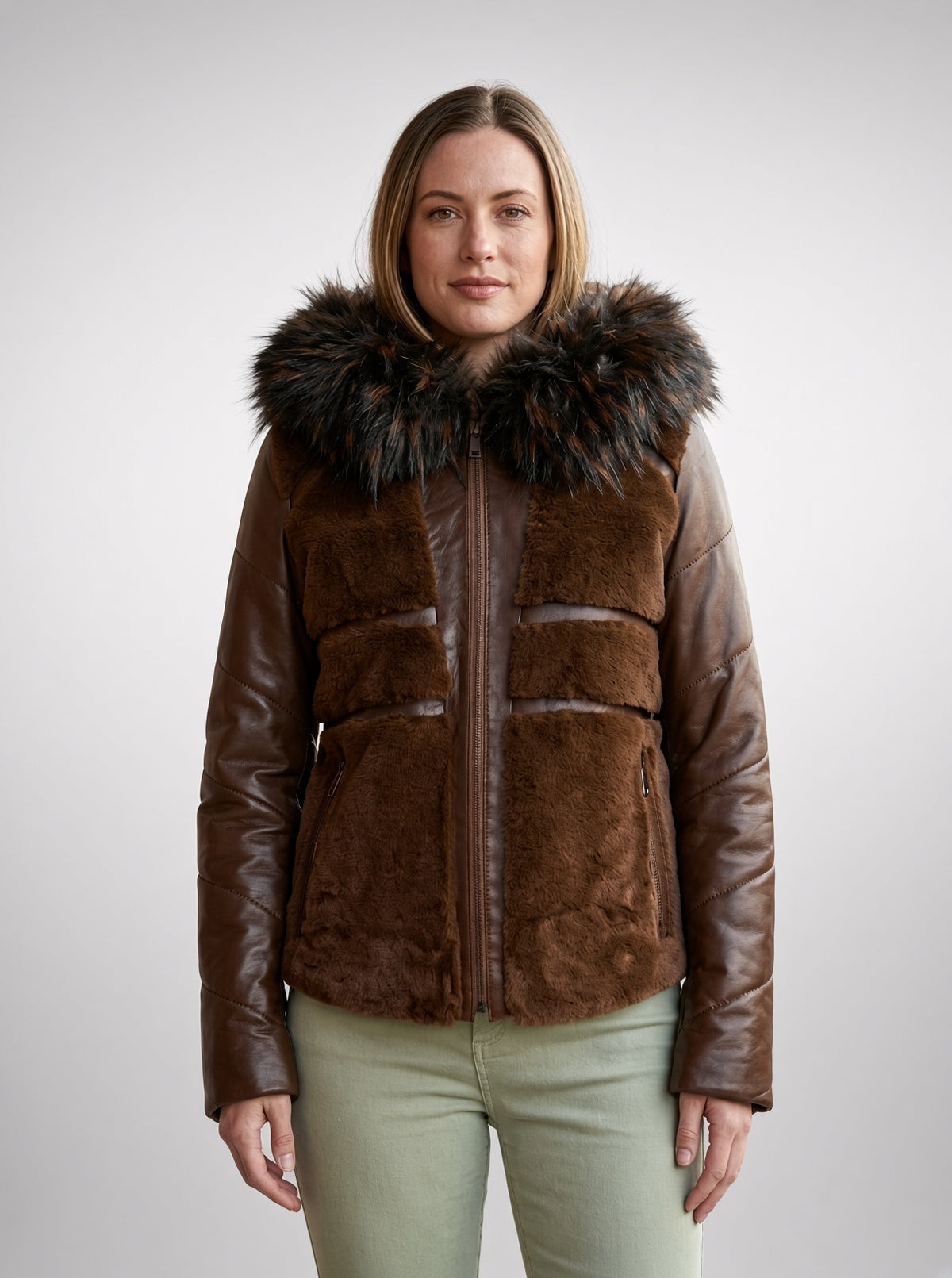 Brown Wendy Fur Hood And Front Fur Leather Jacket For Women