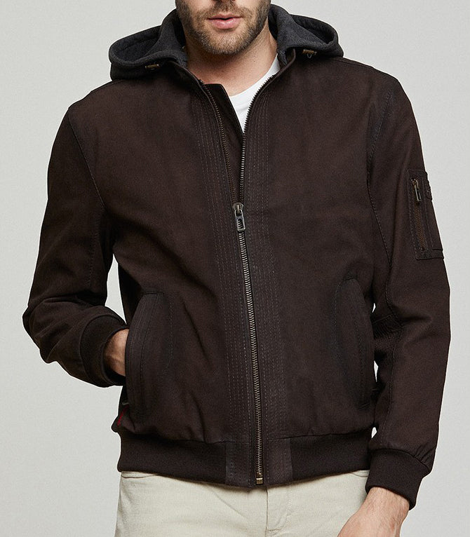 David Brown Leather Jacket With Hood For Men